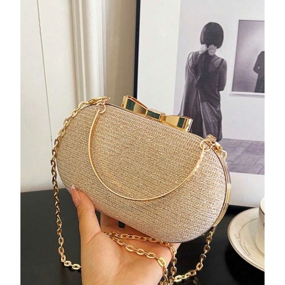 Champagne Gold Glitter Evening Clutch Bag Bow Clasp Minaudiere Crossbody Purse